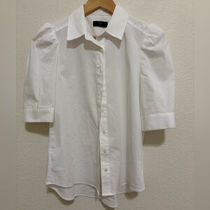 Tahari White Button-Up Puff Sleeve Blouse
